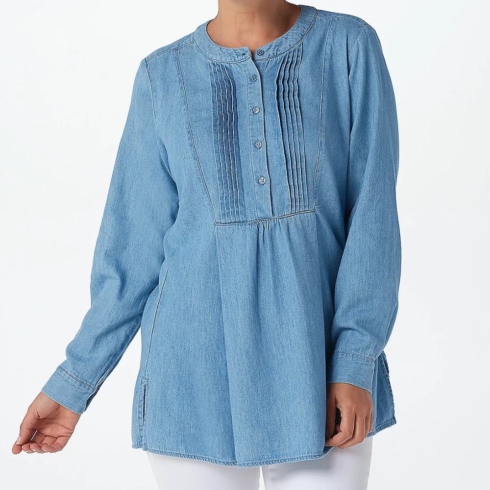 4 Joan Rivers Long Sleeve Denim Shirt Pintuck